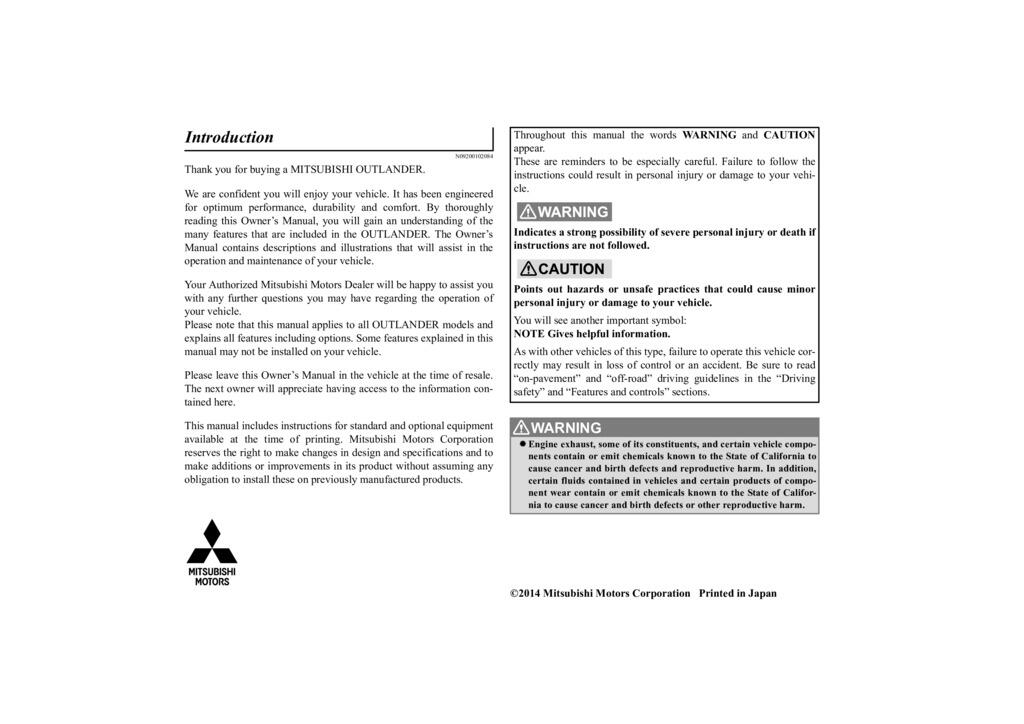 2015 Mitsubishi Outlander Owner's Manual