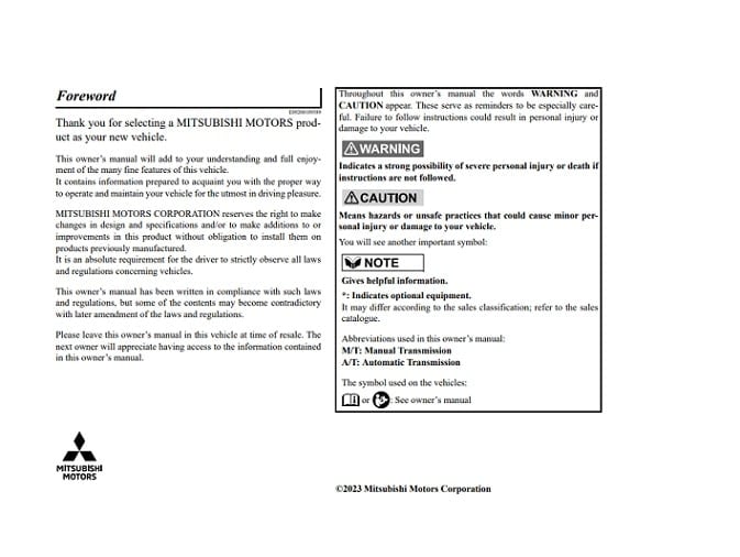 2024 Mitsubishi Triton Owner's Manual